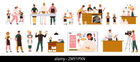 Culinary classes flat set of people in aprons preparing healthy meal in kitchen and tv studio isolated vector illustration Stock Vector