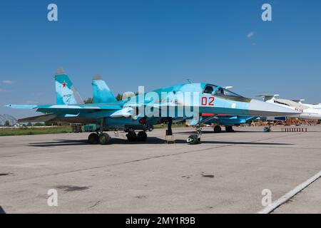 Su-34 Fullback Fighter-Bomber jet of the Russian Air Force at the Ryazan Engels Air Force Base Stock Photo