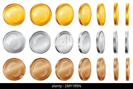 Realistic coins transparent set of isolated icons with gold silver and bronze colored money dime items vector illustration Stock Vector