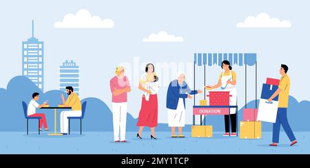 Charity food donation volunteers feeding poor and senior people with soup flat vector illustration Stock Vector