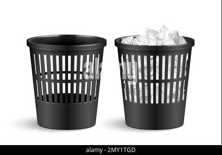 Realistic trash bucket paper set with isolated views of plastic office trash bins filled with paper vector illustration Stock Vector
