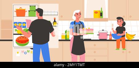 Family in home kitchen interior flat background with mother representing cake cooking on her own vector illustration Stock Vector