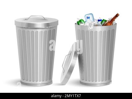 Realistic iron bin with garbage composition of two isolated views of metal trash bins with waste vector illustration Stock Vector