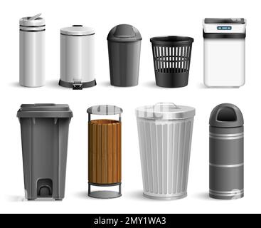 Realistic bin trash bucket set with isolated images of various waste containers for different use situations vector illustration Stock Vector