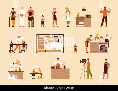 Culinary classes color set of professional chefs teaching adults and children online and directly isolated vector illustration Stock Vector
