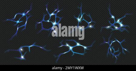 Realistic ground cracks set with blur colored neuron fracture images with glowing sections on dark background vector illustration Stock Vector