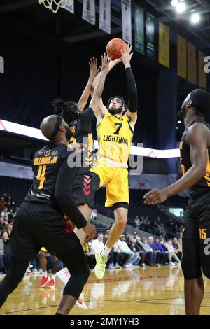 London Ontario Canada. Jan 19 2023, The Sudbury 5 Defeat the London Lightning 86-83 in the NBLC Season opener. Mike Edwards(7) of the London Lightning Stock Photo