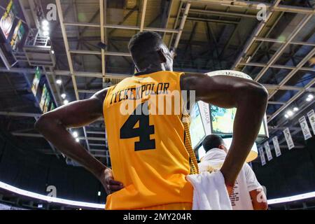 London Ontario Canada. Jan 19 2023, The Sudbury 5 Defeat the London Lightning 86-83 in the NBLC Season opener. Otas Iyekekpolor(4) of the London Light Stock Photo