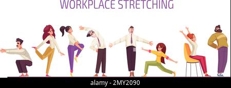 Workout stretches set with poeple in office clothes doing simple exercises isolated vector illustration Stock Vector