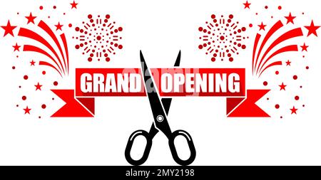 Grand opening flyer template with copy space for your text. Scissors cut red ribbon on background of fireworks. Vector Stock Vector