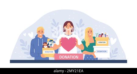 Charity flat concept with smiling volunteers holding donation boxes and big heart vector illustration Stock Vector
