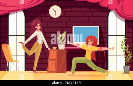 Workplace stretches cartoon poster wtih female employees doing sport exercises in office vector illustration Stock Vector