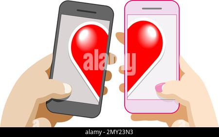 Virtual  love or using dating mobile application concept. Male and female hands connect heart parts on smartphone screens. Vector on transparent backg Stock Vector