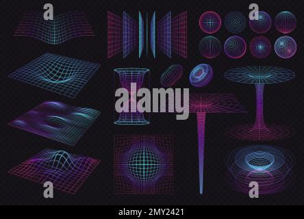 3d shapes set with isolated neon colored illuminating grids waves and spectrum patterns on dark background vector illustration Stock Vector