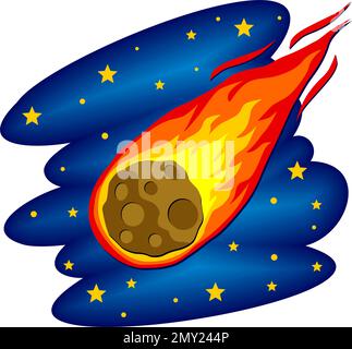 Comet with tail or meteor with trail of fire on starry sky. Cartoon vector on transparent background Stock Vector