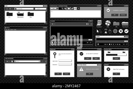 Old program windows set with isolated monochrome images of retro application interface with icons and buttons vector illustration Stock Vector