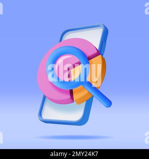 3D Pie Diagram with Magnifying Glass in Phone Stock Vector
