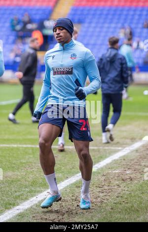 Victor Adeboyejo #29 of Bolton Wanderers warms up during the Sky Bet League 1 match between Bolton Wanderers and Cheltenham Town at the Reebok Stadium, Bolton on Saturday 4th February 2023. (Credit: Mike Morese | MI News) Credit: MI News & Sport /Alamy Live News Stock Photo