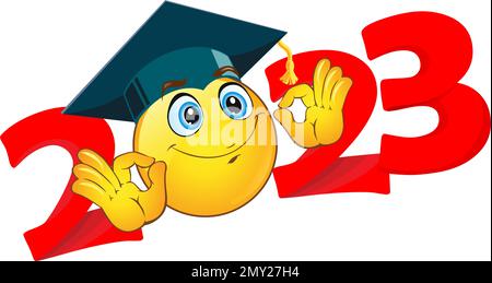 2023  emoji smile in graduation cap with ok gesturing. Template for greeting, invitation card graduation party.  Vector on transparent  background Stock Vector