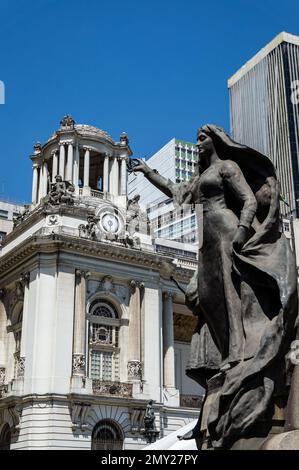 View of the right observation deck of Pedro Ernesto palace, home of the Chamber of Deputies of Rio de Janeiro municipality located at Floriano square. Stock Photo