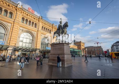 King Ernst August Statue in front of Hanover Central Station (Hannover Hbf) - Hanover, Lower Saxony, Germany Stock Photo