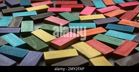 Selective focus of colorful wooden block. Background and texture. Stock Photo