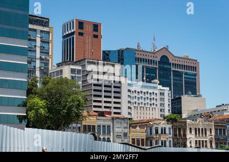 Lots of skyscrapers and tall buildings in Centro district as saw from Olympic Boulevard (Boulevard Olimpico) under summer sunny clear blue sky. Stock Photo