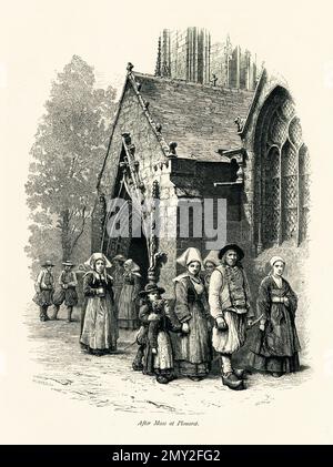 Antique engraving depicting people leaving the church after mass at Plouaret, Brittany, France. Illustration published in Picturesque Europe, Vol. III Stock Photo