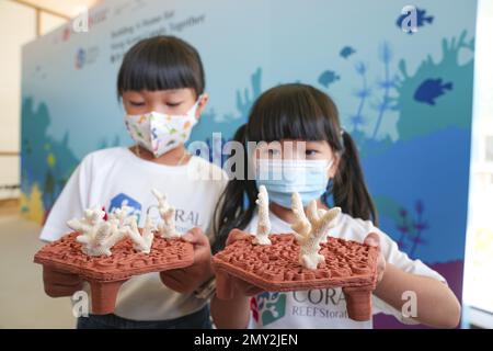 Children poses with 3D printed artificial reef structure during the press conference at the launch of coral restoration project by start-up archiREEF, Sino Group and Ocean Park. The project aims to rebuild local coral reefs in Hong Kong's southern waters and encourage secondary and primary school students to be ambassadors - 'CORAL REEFStoratorHH14SEP22   SCMP / Sam Tsang Stock Photo