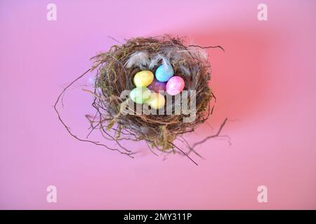 Artificial Easter eggs in real bird's nest. Horizontal photo with nest centered in the middle. Stock Photo