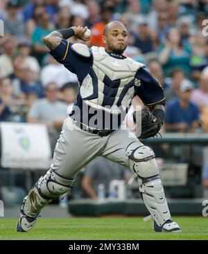 Milwaukee, USA. August 24, 2018: Pittsburgh Pirates center fielder Starling  Marte #6 along with the Brewer infielders watch the review challenge on the  jumbo screen of Martes stolen base in the 11th