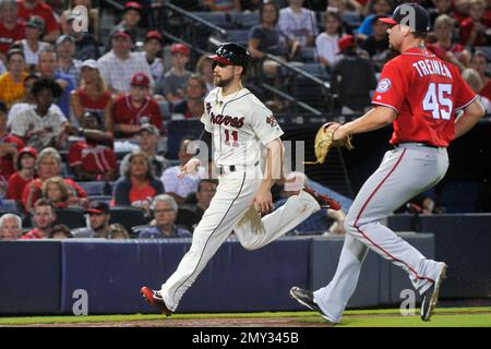 Atlanta Braves center fielder Cristian Pache (25) runs to second base  during a baseball game against the Philadelphia Phillies Saturday, April  10, 2021, in Atlanta. (AP Photo/John Bazemore Stock Photo - Alamy