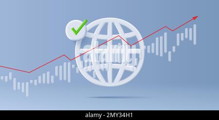 Stock market candlestick chart with world icon vector illustration. Japanese candle bars graph with red growing arrow, oline trading Stock Vector