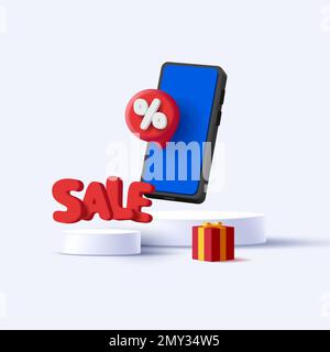 3d cartoon render sale composition with smartphone and red gift box and sale volume letter with red bubble with percent symbol on white podium scene Stock Vector