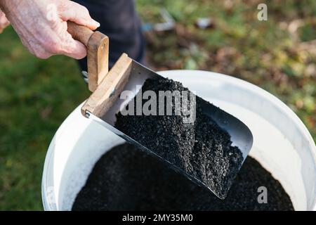 Gardener with a scoop of biochar pellet made from herbs using pyrolysis that can be used as a soil amendment or to make Terra Preta. Stock Photo
