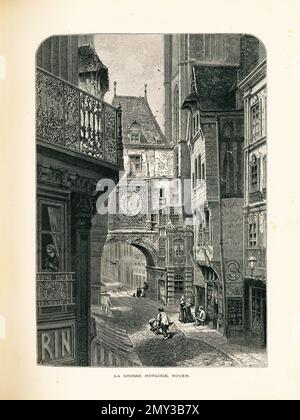 Antique engraving of the Gros Horloge, an astronomical clock dated back to 16th century in Rouen, Upper Normandy, France. Illustration published in Pi Stock Photo