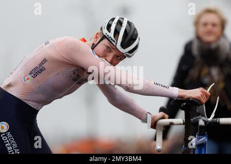 HOOGERHEIDE - Fem van Empel celebrates her victory with her mother during the Cyclocross World Championships in North Brabant. ANP BAS CZERWINSKI Stock Photo