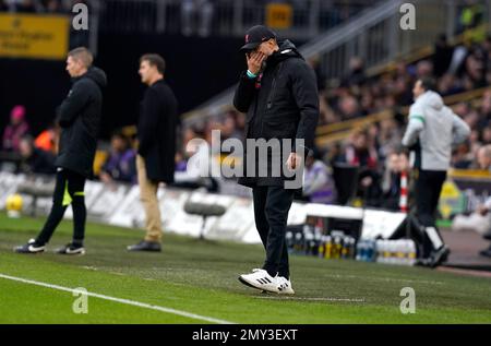 Wolverhampton, England, 4th February 2023.  Jurgen Klopp manager of Liverpool reacts during the Premier League match at Molineux, Wolverhampton. Picture credit should read: Andrew Yates / Sportimage Stock Photo