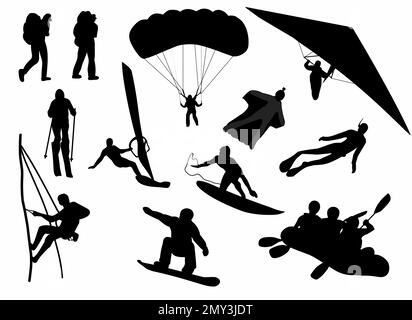 black, recreation, vector, travel, illustration, set, surfing, extreme, activity, outdoor, element, adventure, flat, icon, graphic, climbing, symbol, Stock Vector