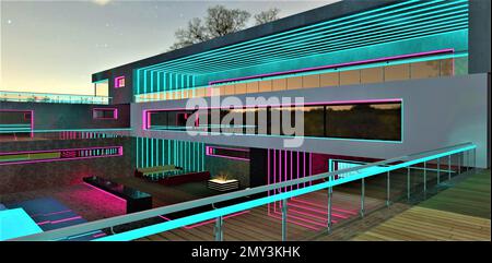 View of the relax area from the terrace of the modern stylish estate illuminated in pink and turquoise at night. Attractive parallel glowing lines. 3d Stock Photo