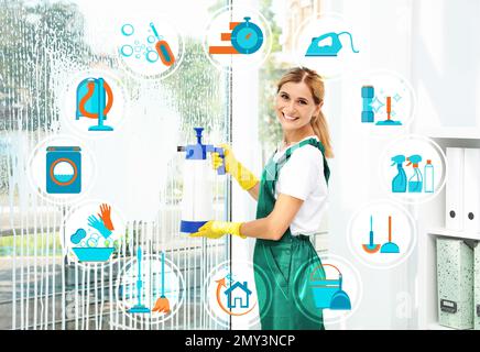 Cleaning service related icons and janitor removing dirt from window Stock Photo
