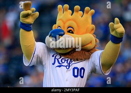 Kansas City Royals mascot Sluggerrr fires up the crowd before Game 2 of the  ALCS against the Toronto Blue Jays on at Kauffman Stadium in Kansas City,  Mo., on Saturday, Oct. 17