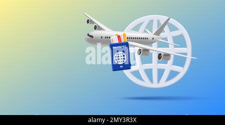3d passport with boarding pass inside and airplane flying, render 3d ...