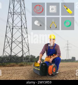 Set of tools over mature electrician in field Stock Photo