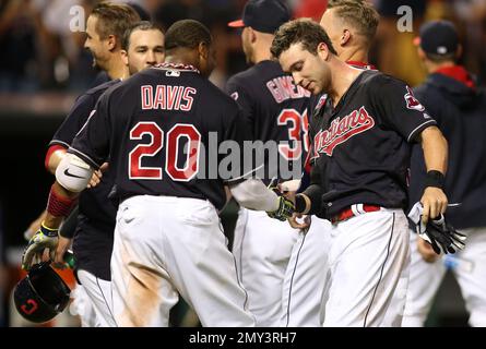 Cleveland Indians' Tyler Naquin is congratulated after hitting a three-run  home run during the fourth inning of a baseball game against the Milwaukee  Brewers Wednesday, May 9, 2018, in Milwaukee. (AP Photo/Morry