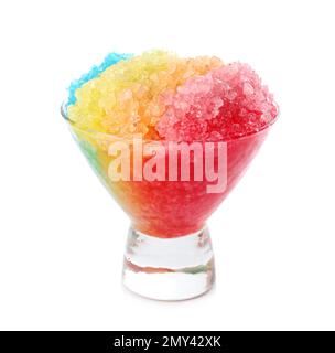Rainbow shaving ice in glass dessert bowl isolated on white Stock Photo