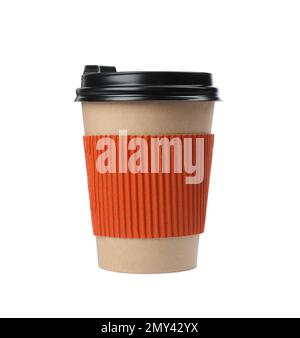 Takeaway paper coffee cup with cardboard sleeve isolated on white Stock Photo
