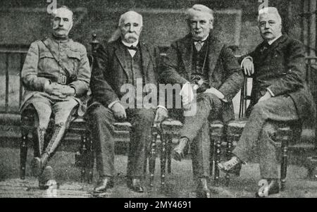From left: French Chief of Staff Marshall Foch and PM Georges Clemenceau, English PM Lloyd George, and Italian PM Vittorio Emanuele Orlando at Lloyd George's house in Paris, France 1910s