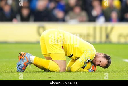 Bournemouth goalkeeper Neto gathers the ball during the Premier League match at the Amex Stadium, Brighton and Hove. Picture date: Saturday February 4, 2023. Stock Photo