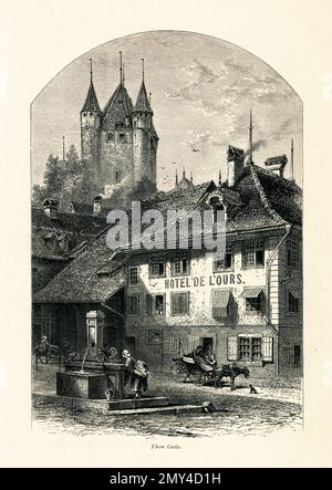 19th-century wood engraving of Thun Castle, situated in the canton of Bern in Switzerland. Illustration published in Picturesque Europe, Vol. III (Cas Stock Photo